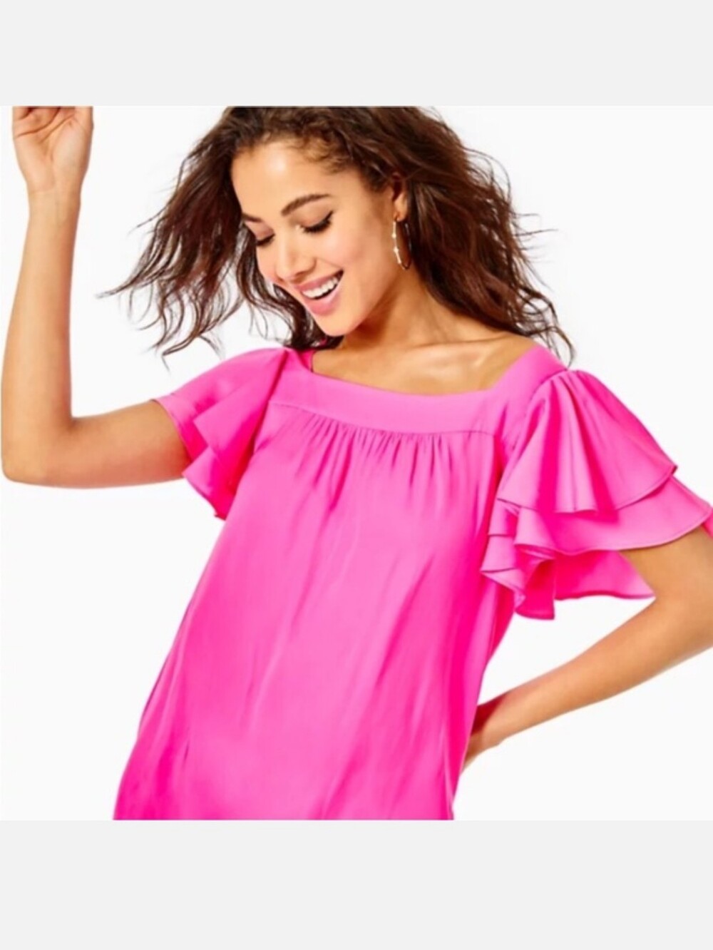 Lilly Pulitzer Devina Top Hot Pink Ruffle Sleeve Blouse